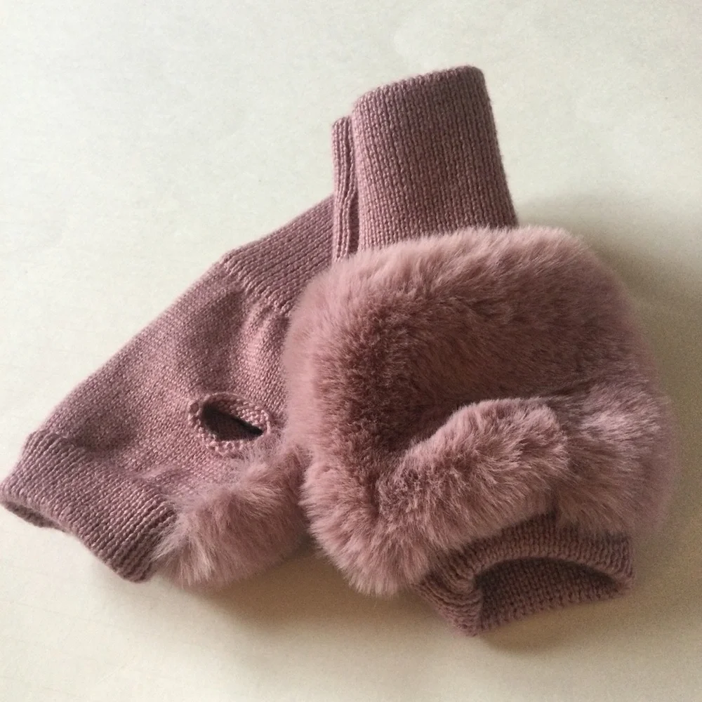 JOCELYN FAUX FUR FINGERLESS GLOVES MITTENS IN DUSTY ROSE  PINK NWOT
